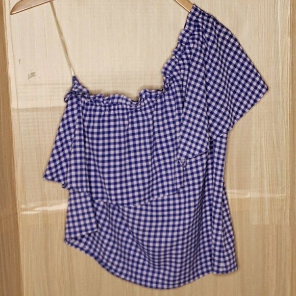 BP Womens Blue White Gingham Check One Sholder Blouse Small - Picture 2 of 5
